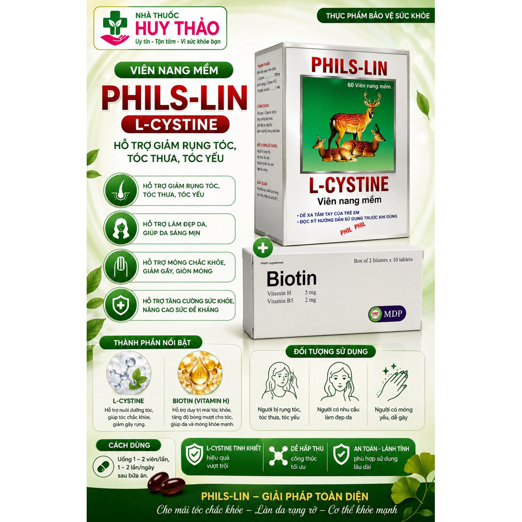 L-Cystine Phils Lin & Biotin hỗ trợ Uống Đẹp Da, Dưỡng Da, Nám Tàn Nhang, Chống Lão Hoá, Rụng Tóc