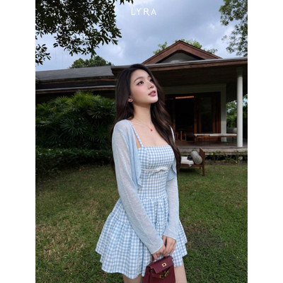 LYRA - Váy Đầm Caro Xanh Hai Dây Kèm Áo Cardigan Len Mỏng Dáng Xòe Tôn Dáng Phong Cách Tiểu Thư Hàn Quốc VSYVD0286