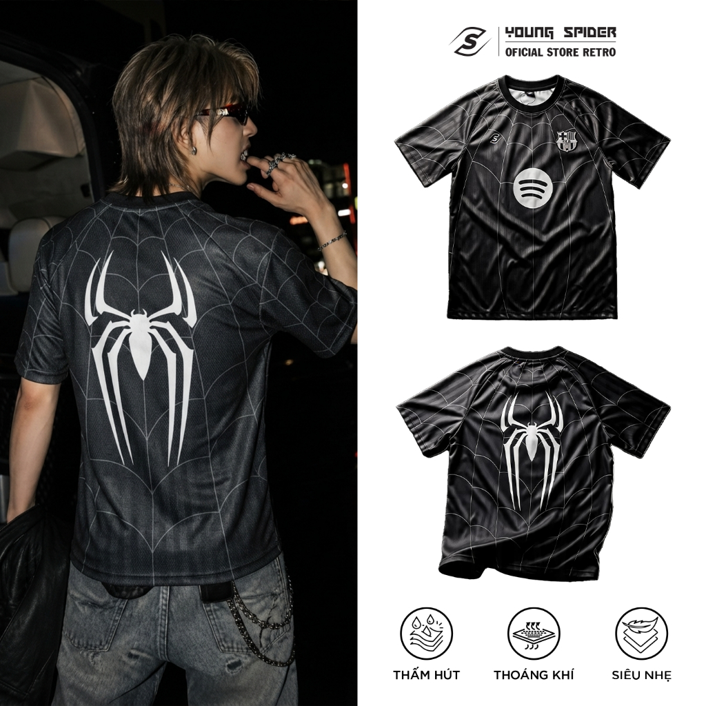 Áo Thun Jersey Barca X Spider Đen Logo Ép Nổi Localbrand Young Spider Vải Bóng Chiếu Cao Cấp Thoáng 