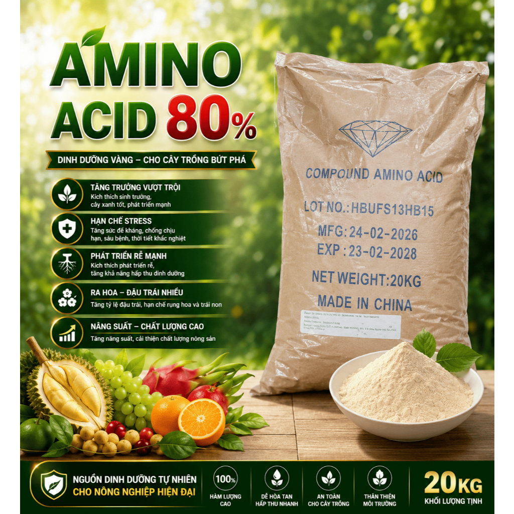 Amino Acid 80% Nhập Khẩu – Bí Quyết Giúp Sầu Riêng Bung Đọt Đồng Loạt - BAO 20 KG