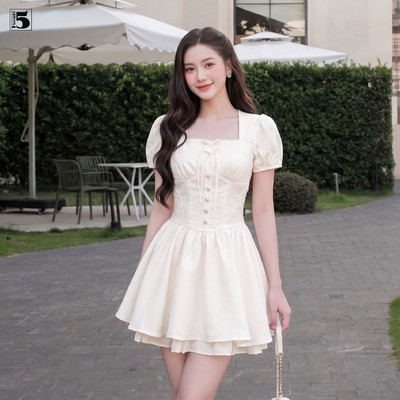 Đầm xòe cổ vuông Twentyfive dáng ngắn chiết eo tay bồng tiểu thư mặc đi tiệc đi chơi DM75