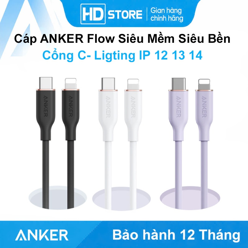 Cáp sạc nhanh ANKER 20W Flow Type C ra Lighting - A8662 A8663 Siêu mềm Siêu bên PowerLine III  Bảo h