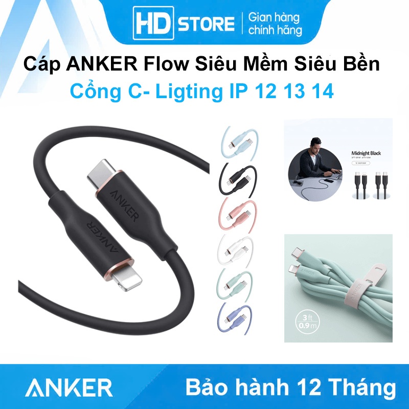 Cáp sạc nhanh ANKER C to Lighting Flow Siêu mềm sạc 20W - 30W - A8662 A8663 Chính hãng BH 12 Tháng H