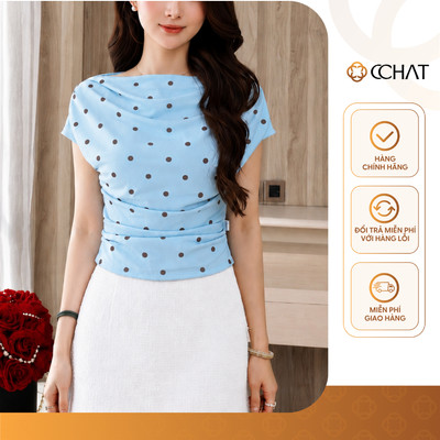 Áo Thun 𝐂𝐂𝐇𝐀𝐓 Dáng Ôm Ely Cổ Ngang Họa Tiết Chấm Bi Chất Liệu Mềm Mát 16TNC2055OT