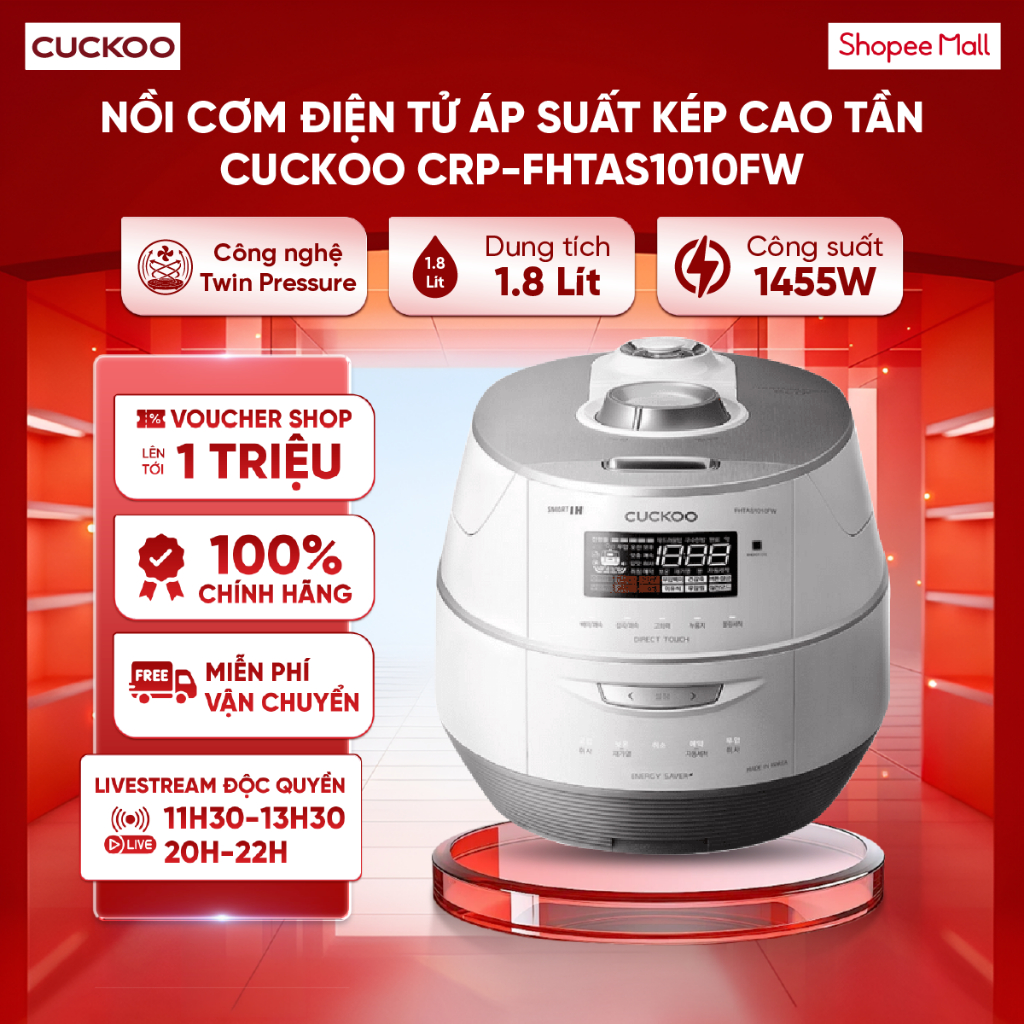 Nồi cơm điện tử áp suất kép cao tần Cuckoo CRP-FHTAS1010FW 1.8L - Tiết kiệm năng lượng với Energy Ey