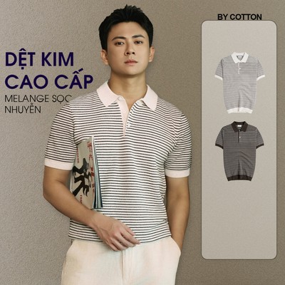 Áo Polo Nam Cao Cấp Dệt Kim Melange Sọc Nhỏ Kem - Luôn Tặng Hộp Đóng - BY COTTON