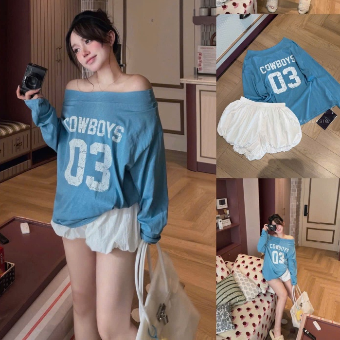 SUXING | Áo Thun Trễ Vai Nữ In Hình Cowboys Dài Tay Mỏng Nhẹ Trendy Thu Đông