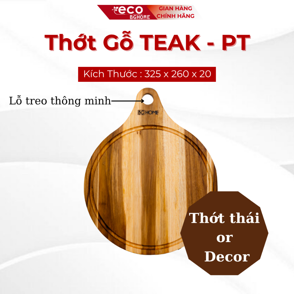 Thớt Thái , Decor trang trí hình tròn cán, gỗ teak cao cấp kháng khuẩn tự nhiên, chống ẩm mốc BGHOME