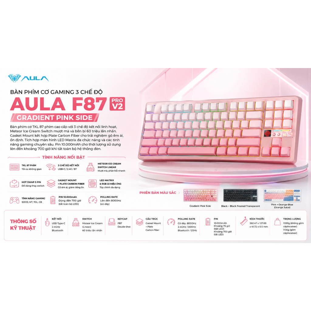 Bàn phím cơ gaming Hot Swap 3 chế độ Bluetooth, có dây, không không 2.4G  AULA F87 PRO V2 - HÀNG CHÍ