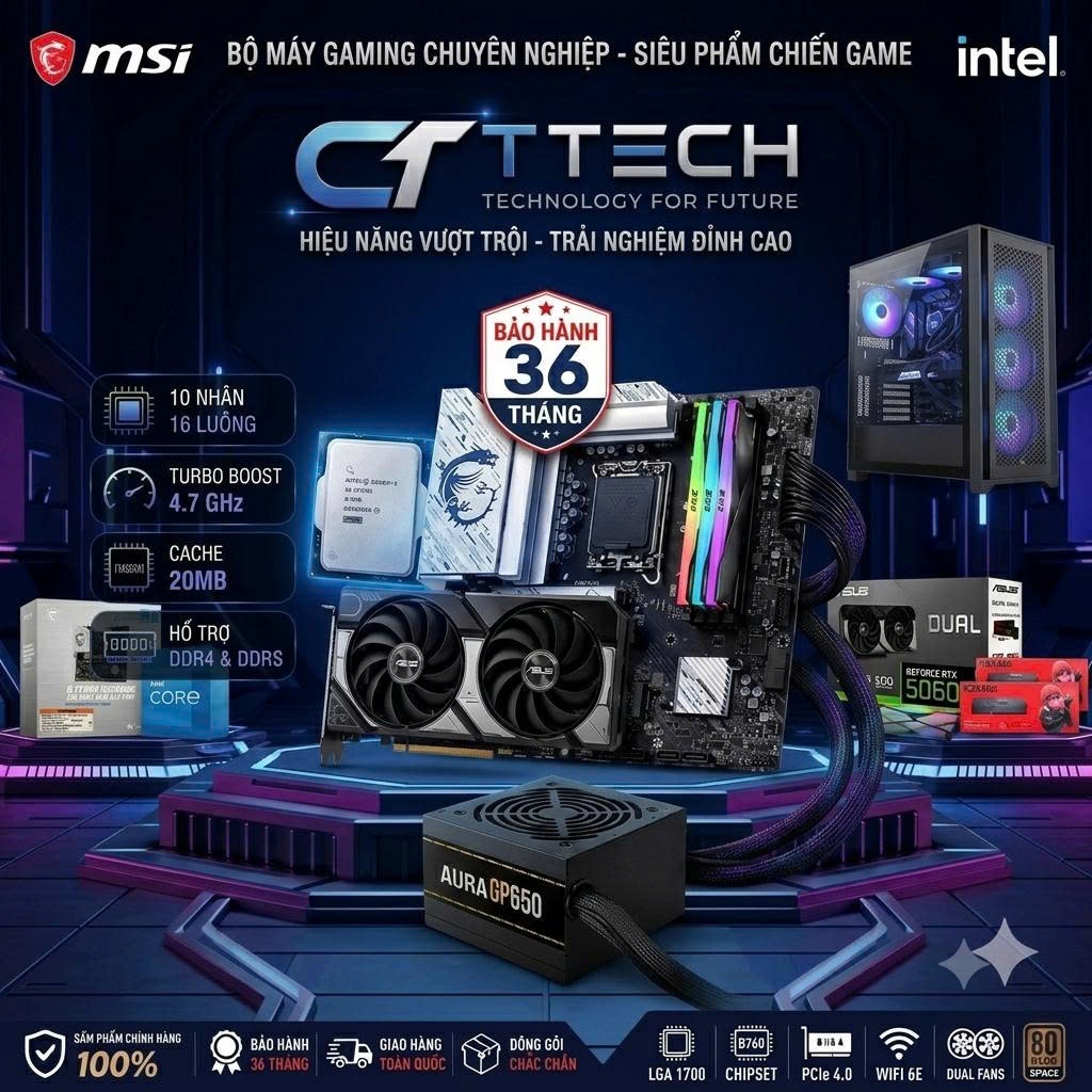 Bộ PC lắp ráp CTTECH 01 CPU i5 14400F B760 RAM 16G LED VGA  ASUS 5060 NEW
