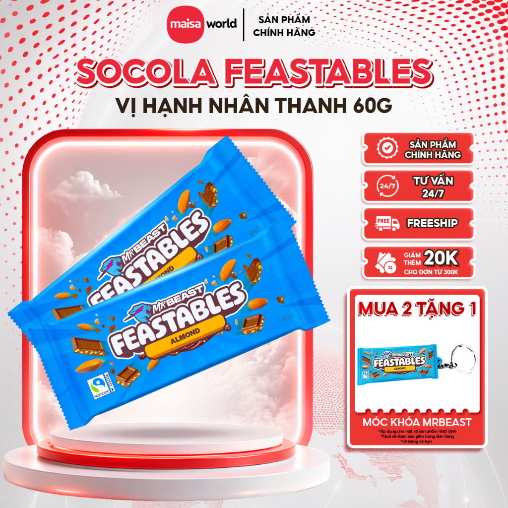 [Chính Hãng] Kẹo Socola MrBeast Feastables Phiên Bản Mới vị Hạnh Nhân thanh 60g