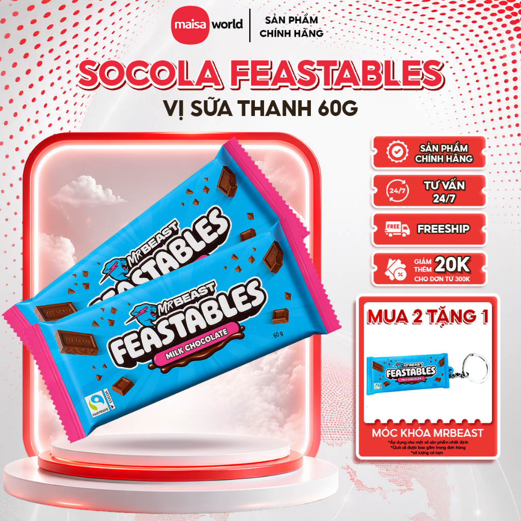 [Chính Hãng] Kẹo Socola MrBeast Feastables Phiên Bản Mới vị Milk Chocolate thanh 60gr