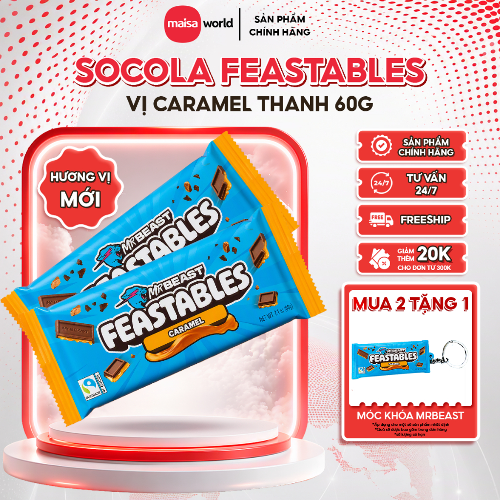 [Chính Hãng] Kẹo Socola MrBeast Feastables Vị Mới Caramel thanh 60gr