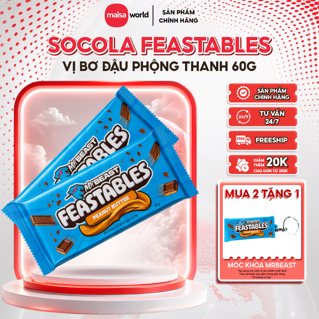 [Chính Hãng] Kẹo Socola Feastables MrBeast Phiên Bản Mới Vị Peanut Butter Thanh 60g