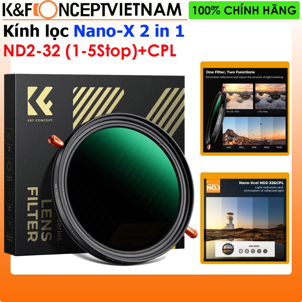 Kính lọc Filter K&F Concept 2 in 1 Nano-X CPL & ND2-ND32