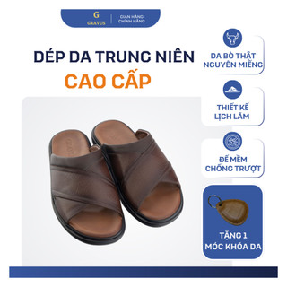 Dép Da Nam Cao Cấp Trung Niên Da Nguyên Miếng Quai Chéo Bản To Đế Mềm Êm Chân Chống Trơn Màu Đen Nâu Bò Gravus GT025