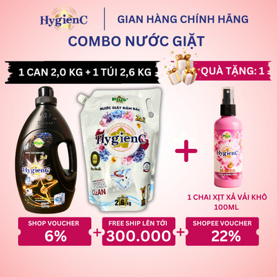 Combo 2 Nước Giặt Đậm Đặc Hygienc Plus: 1 Can 2,0kg + 1 Túi 2,6kg - Hương Nước Hoa, Sạch Vết Bẩn