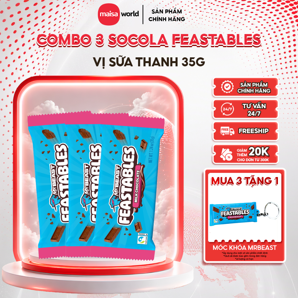 Combo 3 Thanh Kẹo Socola MrBeast Feastables Phiên Bản Mới vị Milk Chocolate thanh 35g
