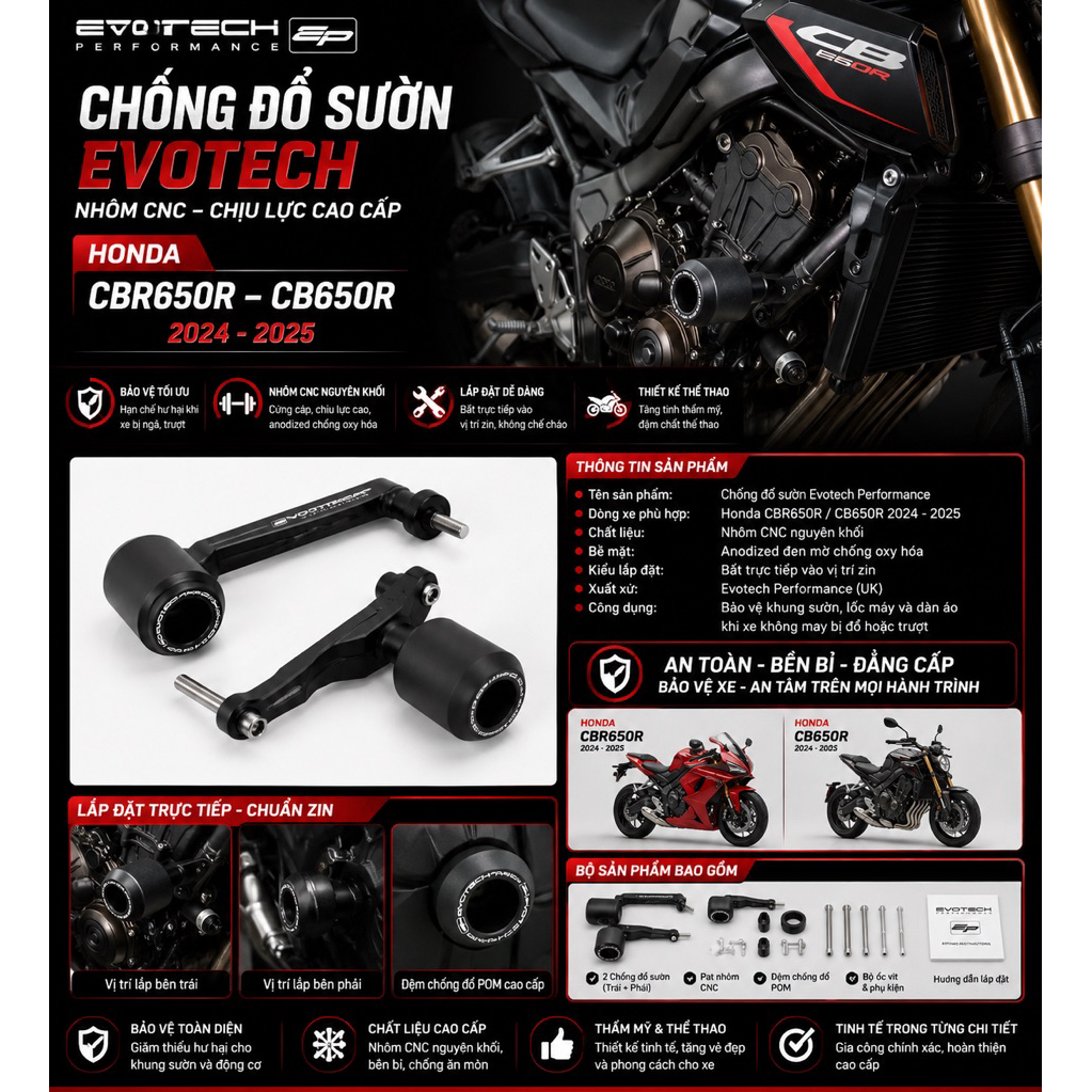 Chống đổ evotech cho honda Cbr650r - cb650r 2024-2025