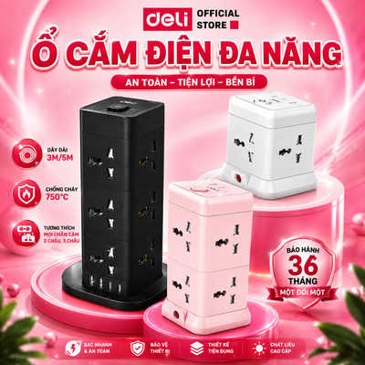 Ổ Cắm Điện Trụ DELI Sạc Nhanh USB TypeC 20W, Ổ Điện Đa Năng Thông Minh Để Bàn Cầu Chì Tự Ngắt Ổ Vuông Nhiều Lỗ Cắm 2500W