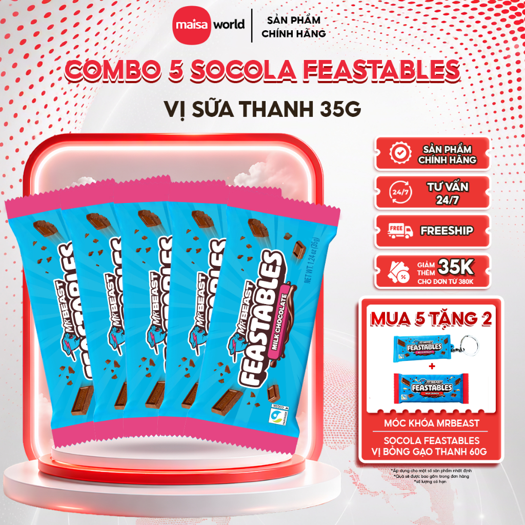 Combo 5 Thanh Kẹo Socola MrBeast Feastables Phiên Bản Mới vị Milk Chocolate thanh 35g