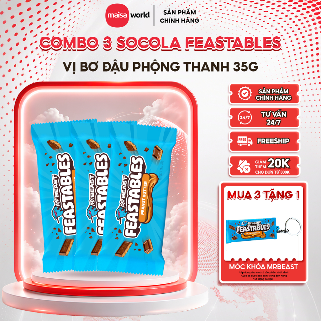 Combo 3 Thanh Kẹo Socola MrBeast Feastables Phiên Bản Mới vị Peanut Butter thanh 35g