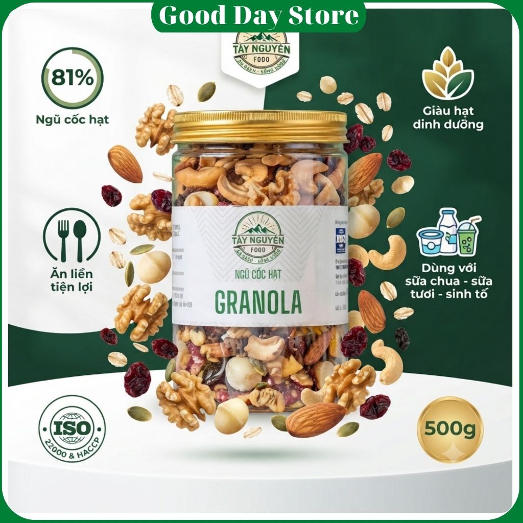 Granola Tây Nguyên Food - Ngũ Cốc Hạt Dinh Dưỡng , Giàu Hạt Và Trái Cây Sấy , Ăn Liền Tiện Lợi