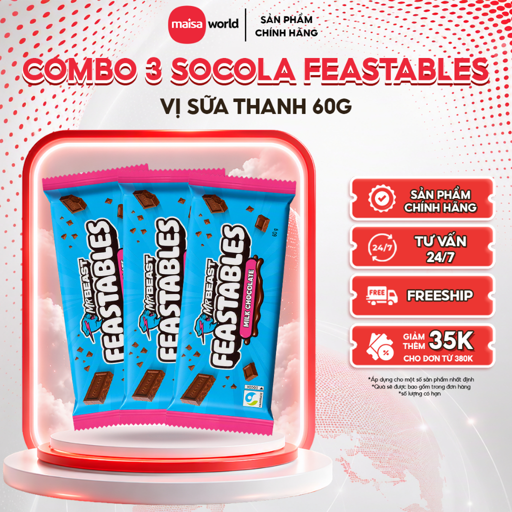 [Chính Hãng] Combo 3 Thanh Kẹo Socola MrBeast Feastables Phiên Bản Mới vị Milk Chocolate thanh 60gr