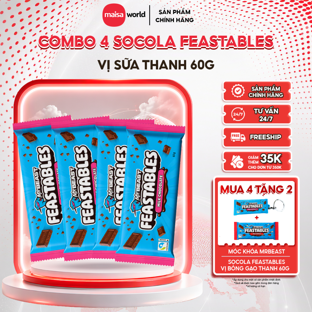 [Chính Hãng] Combo 4 Thanh Kẹo Socola MrBeast Feastables Phiên Bản Mới vị Milk Chocolate thanh 60gr