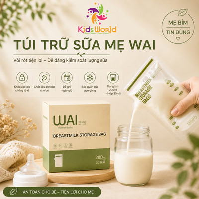 Túi trữ sữa Wai 100ml, 150ml, 200ml - hộp 30 túi có vòi rót tiện lợi, an toàn Kidsworld