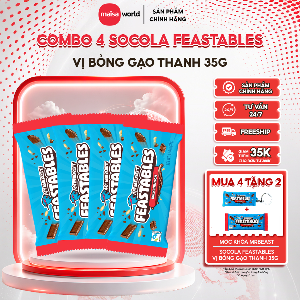 Combo 4 Thanh Kẹo Socola Feastables MrBeast Phiên Bản Mới Vị Milk Crunch Thanh 35g