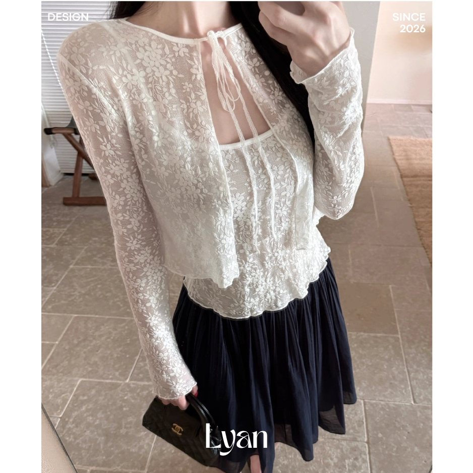 Áo 2 dây ren hoa, set áo hai dây kèm khoác cardigan nữ dài tay buộc nơ ngực - LYAN DESIGN