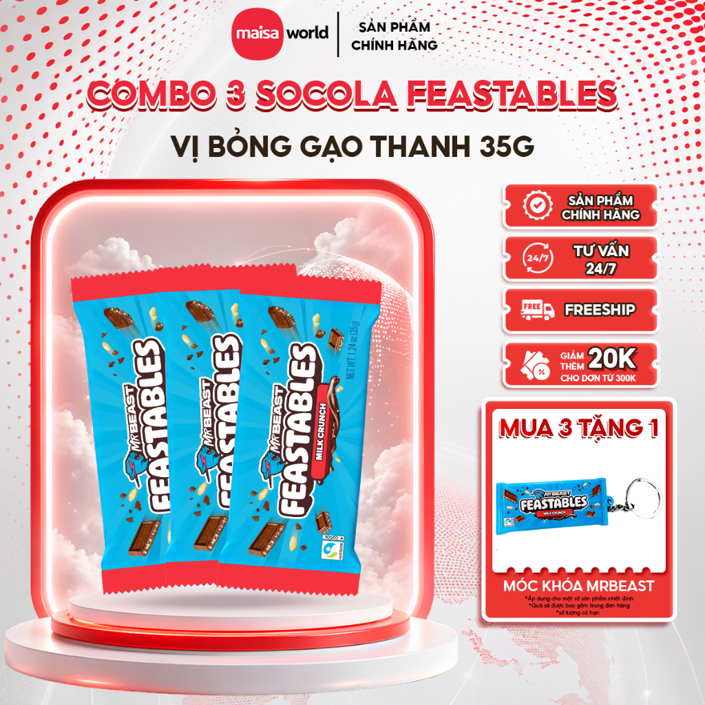 Combo 3 Thanh Kẹo Socola Feastables MrBeast Phiên Bản Mới Vị Milk Crunch Thanh 35g