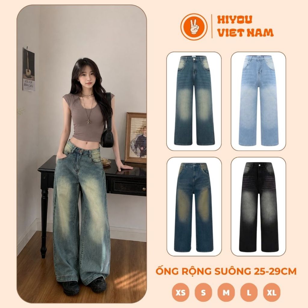 Quần Jean Ống Rộng Suông Basic Hiyou Ống 25-29cm Dễ Mix Đồ Năng Động,Quần Jean Jsr Dài chất liệu Den