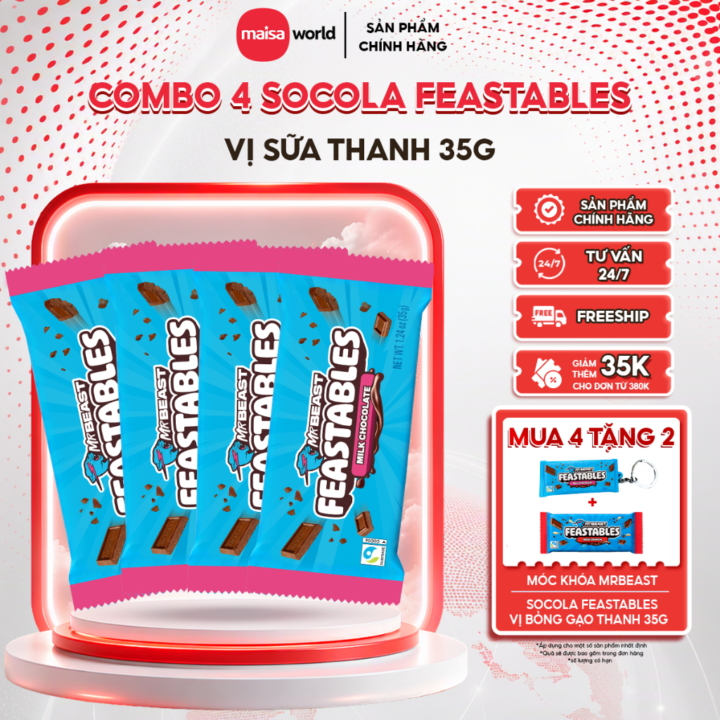 Combo 4 Thanh Kẹo Socola MrBeast Feastables Phiên Bản Mới vị Milk Chocolate thanh 35g