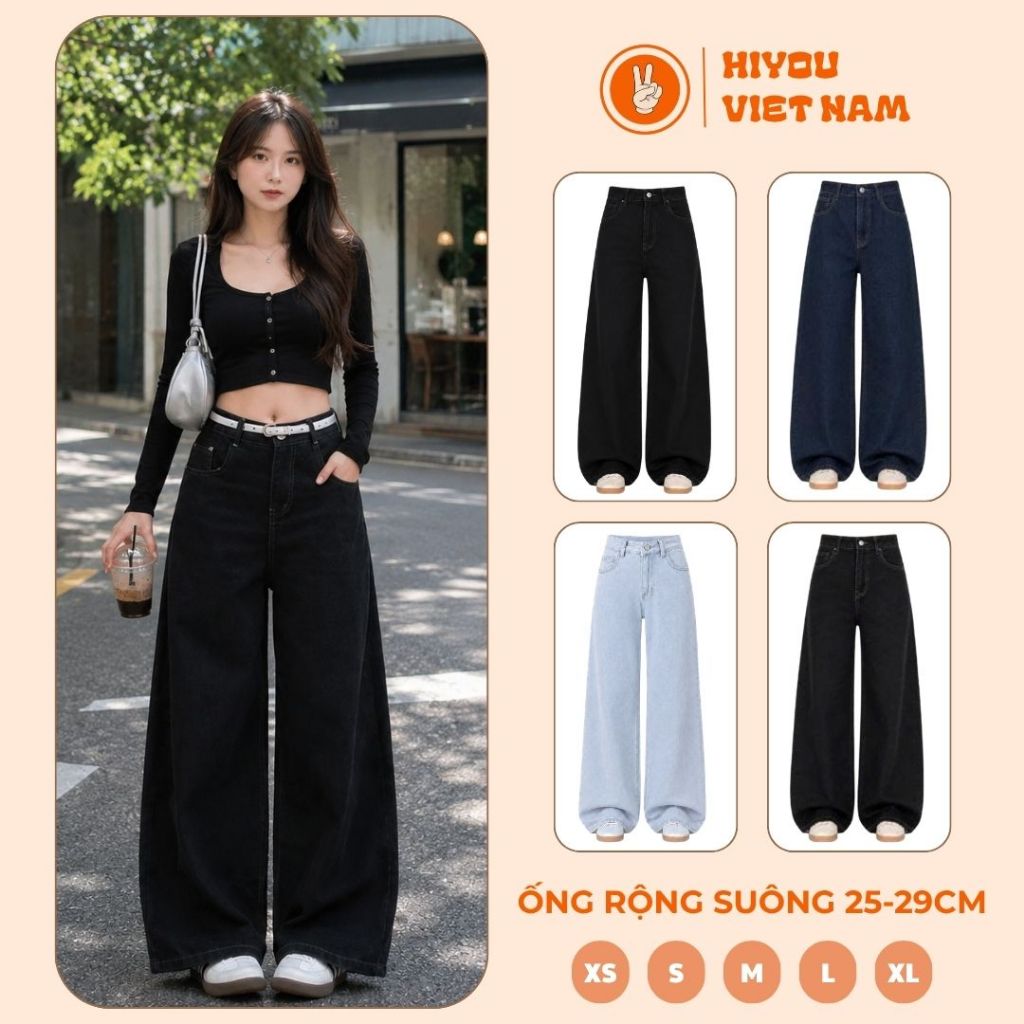 Quần Jean Đen Ống Suông Rộng 25-29cm Hiyou Cạp Cao Tôn Dáng , Quần Bò Jean Ống Rộng Đủ Size Đủ Màu C