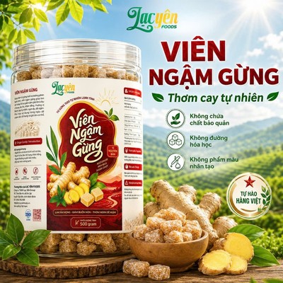 Viên Ngậm Gừng Nguyên Chất Ít Ngọt Lạc Yên Foods, Vị Gừng Cay Ấm, Nông Sản Tự Nhiên