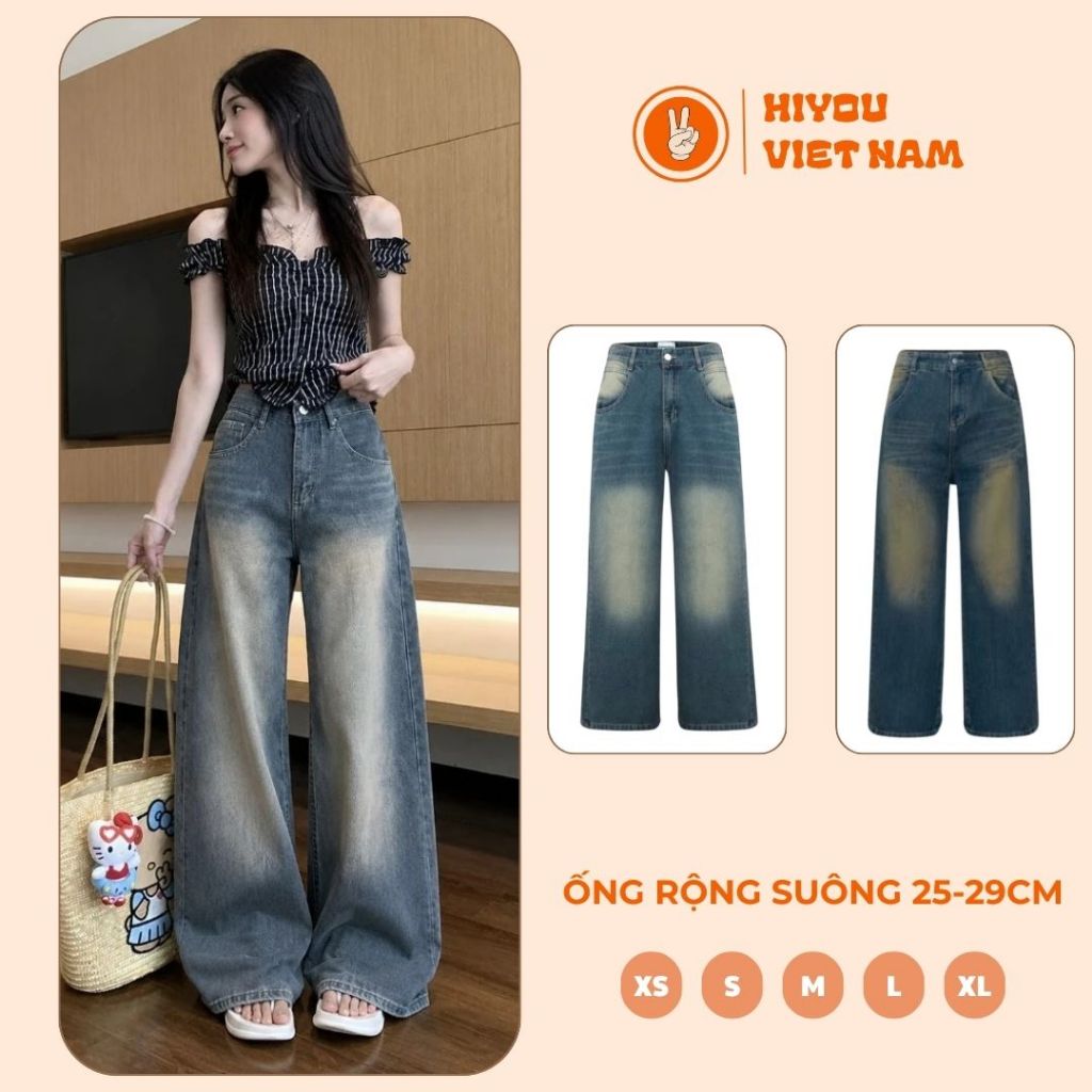 Quần Jean Ống Suông Nữ, Quần Bò Mềm Ống Suông HiYou 2 Màu Wash, Quần Jean Thụng Chất Liệu Denim Cao 
