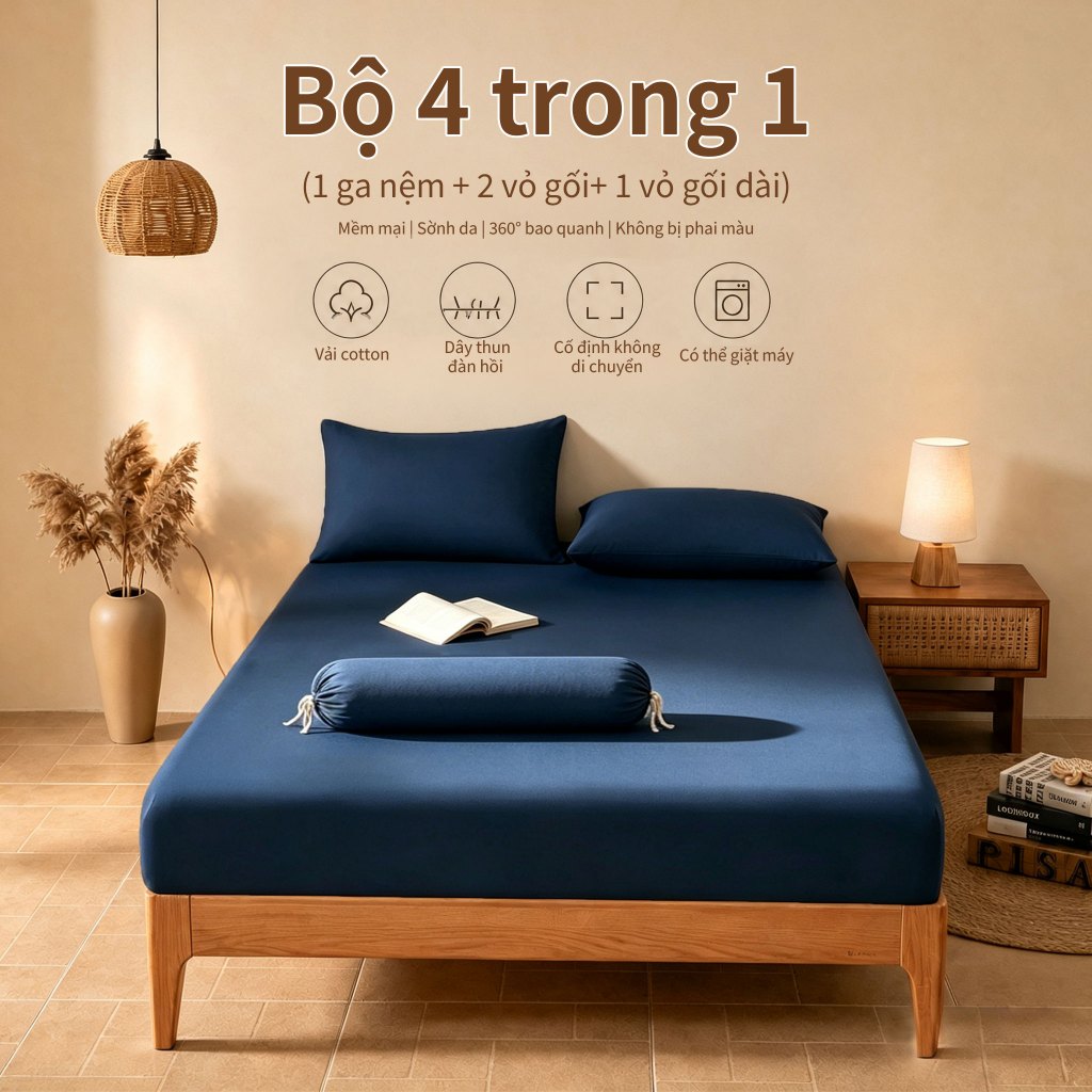 Bộ Ga Giường 4 Món Thun Lạnh（1 ga nệm + 2 vỏ gối +1Vỏ Gối Ôm）Ga nệm đơn màu Ga bọc nệm Mát Mịn Cho N