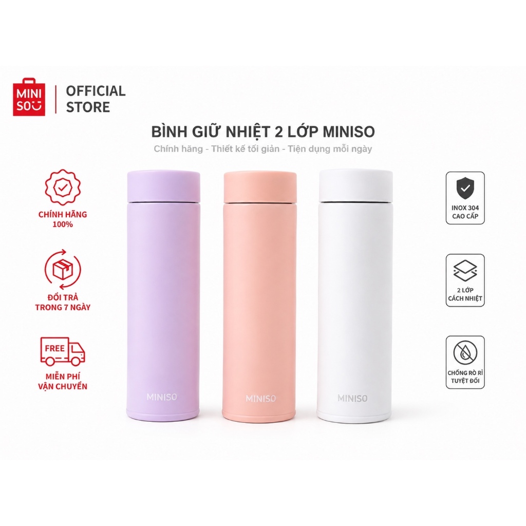 Bình giữ nhiệt 2 lớp MINISO chính hãng VN, bình nước Inox giữ nước nóng lạnh,giữ rò rỉ, thiết kế để 