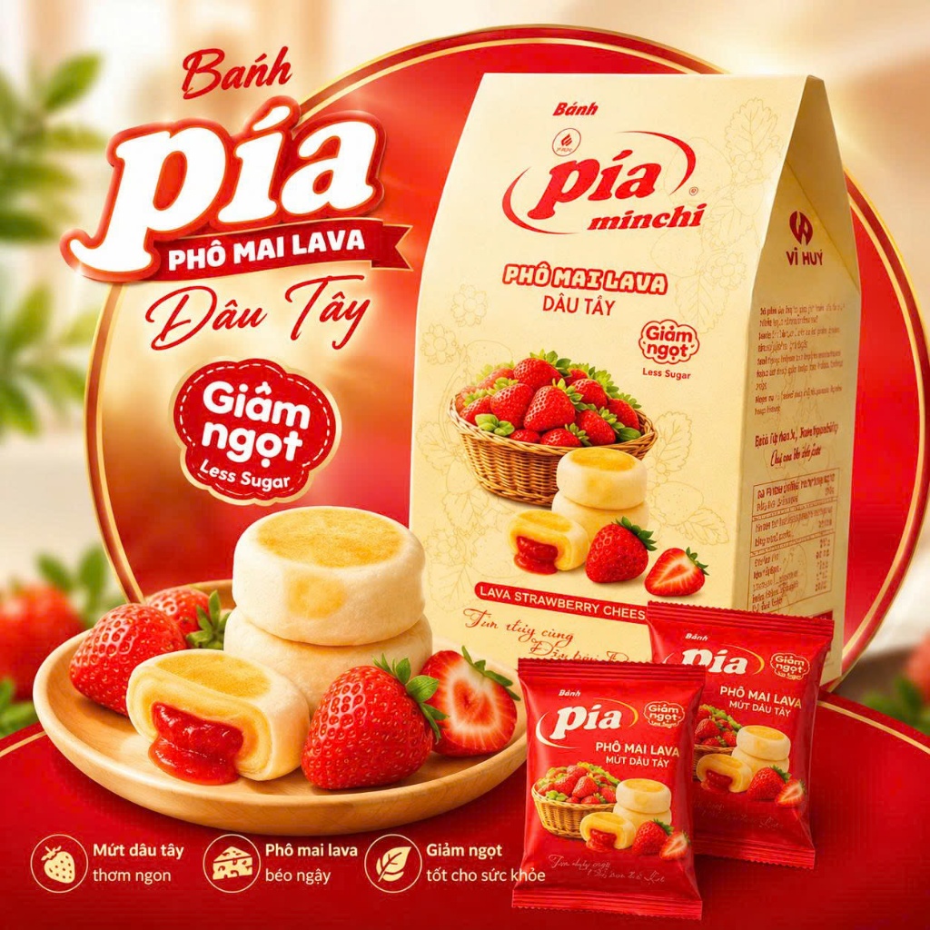 Minchi Bánh Pía Phô Mai Lava Dâu Tây 344g (4 cái/Túi) Bánh Pía Vĩ Huy