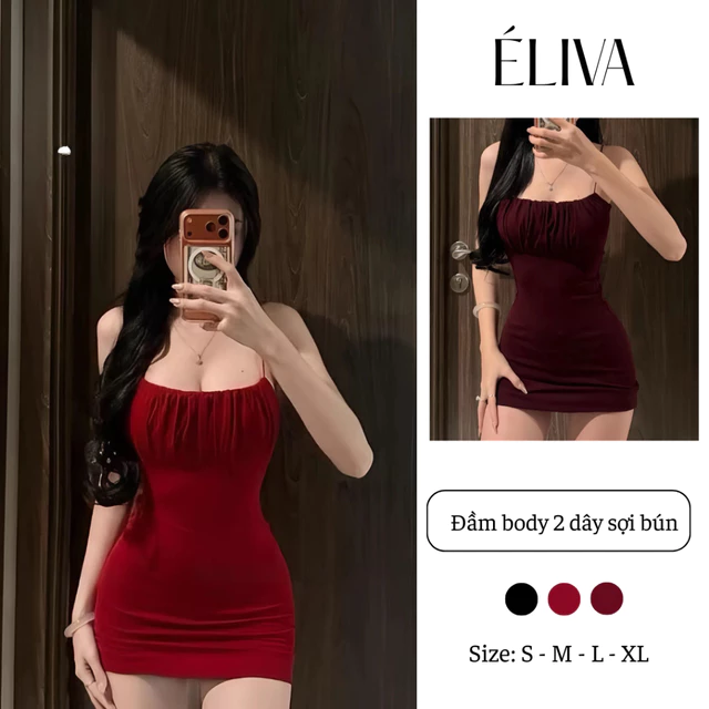 Đầm body 2 dây sợi bún nhún ngực cổ vuông, váy nữ ôm body quyến rũ dáng ngắn ÉLIVA