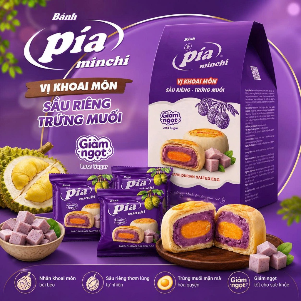 Minchi Bánh Pía Vị Khoai Môn Sầu Riêng Trứng Muối 344g (4 cái/Túi) Bánh Pía Vĩ Huy