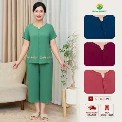 Đồ bộ lanh tole trung niên mặc nhà quần lửng, áo cộc tay mở khuy thêu gấu Việt Thắng - B26.6017