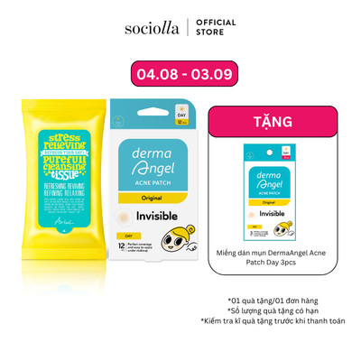 Combo Khăn Ướt Tẩy Trang Ariul Stress Relieving Purefull Cleansing Tissue & Miếng Dán Mụn DermaAngel Acne Patch Day 12