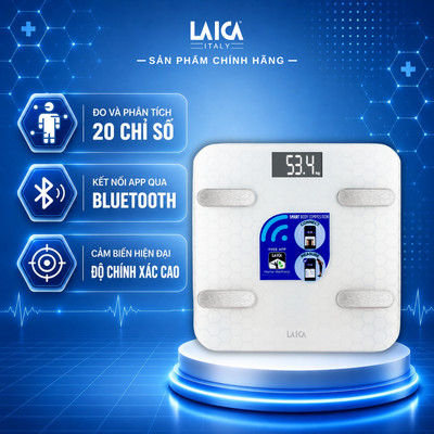 Cân điện tử sức khỏe thông minh LAICA PS7011 đo 20 chỉ số cơ thể, kết nối bluetooth theo dõi chỉ số