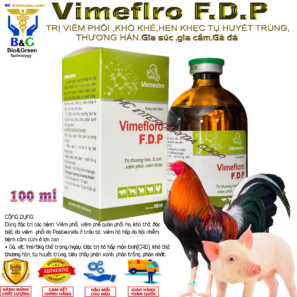 Vemedim Vimefloro FDP 100ml tụ huyết trùng, thương hàn và bệnh đường tiêu hóa gà đá, vật nuôi