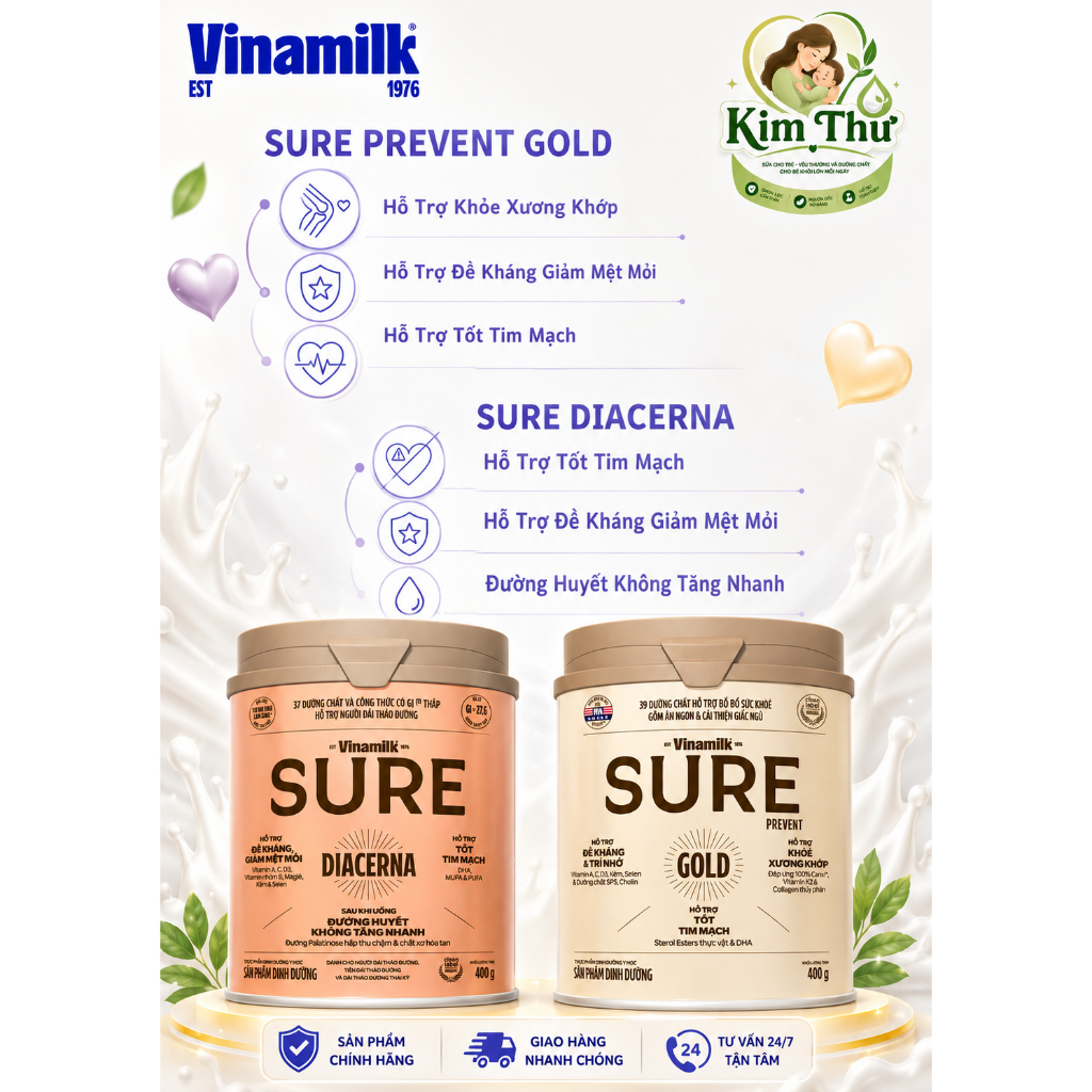 [Vinamilk] Sữa Bột Sure Prevent Gold/ Sure Diacerna 900g  (Combo 6,8,12 Lon)