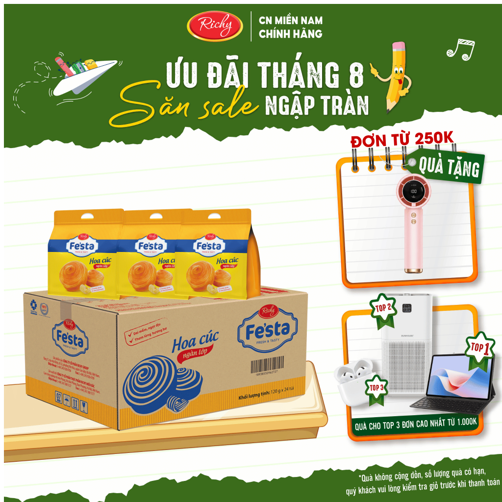 [TẶNG  QUẠT  ĐƠN TỪ 250K] Thùng bánh mì hoa cúc ngàn lớp Festa Richy, HSD 35 ngày, Khách cân nhắc kh