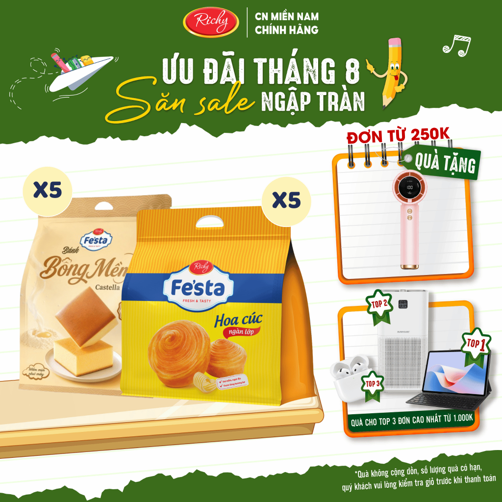 [TẶNG QUẠT ĐƠN TỪ 250K] Combo 10 bánh Festa hoa cúc và bánh Bánh Bông Mềm Festa Castella